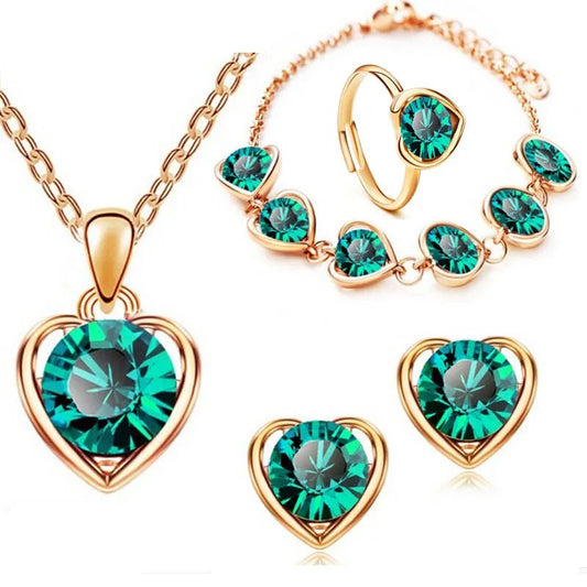 Crystal Heart Necklace Rings Earrings Bracelet - Madmozale -