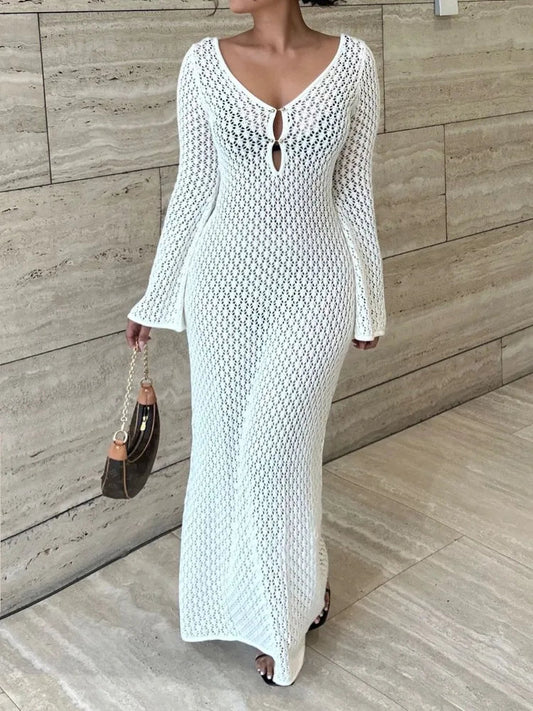 White Knit Fashion Cover up Maxi Dress - Madmozale -